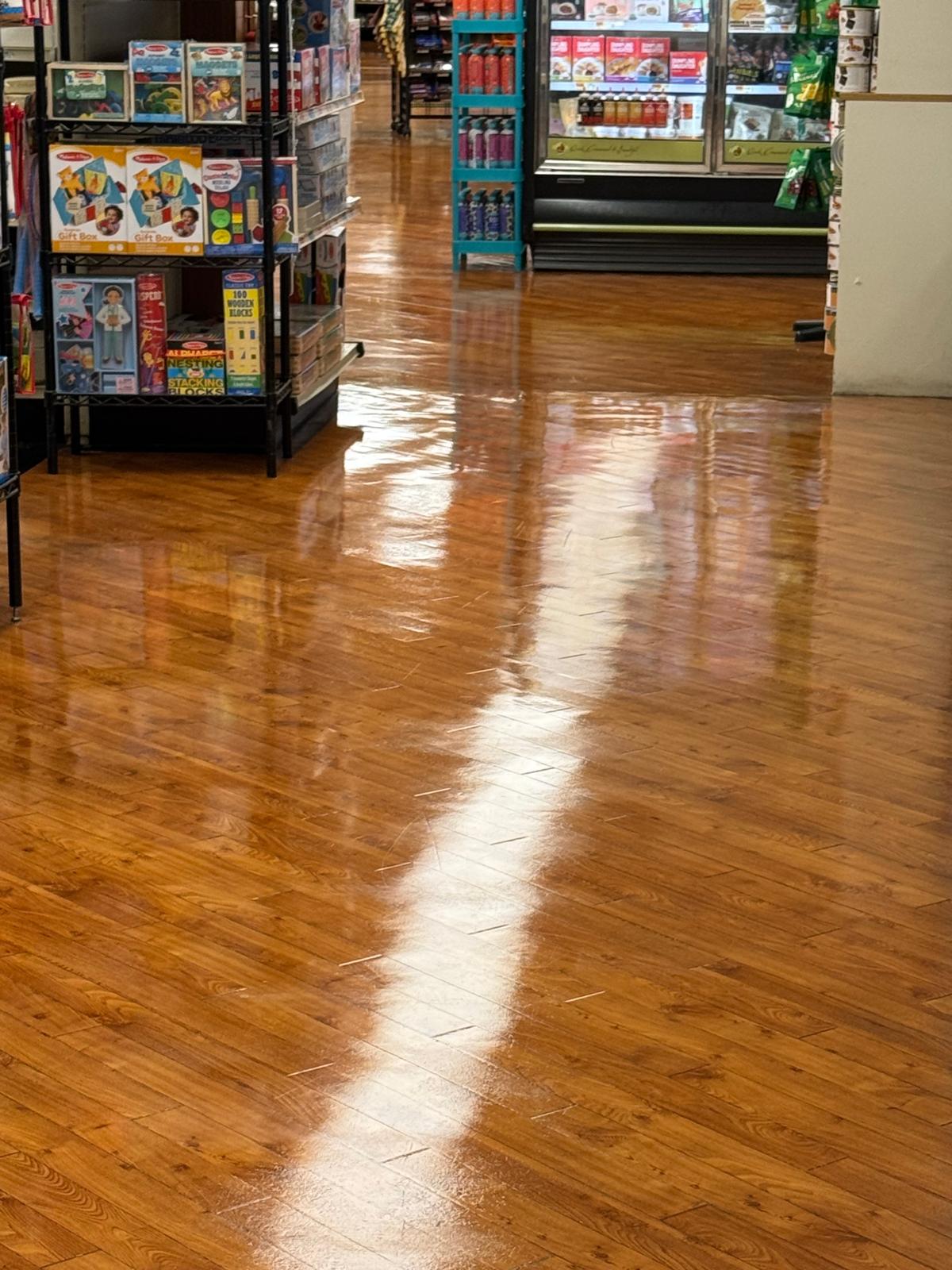Wood floor after stripping and waxing - high gloss shine