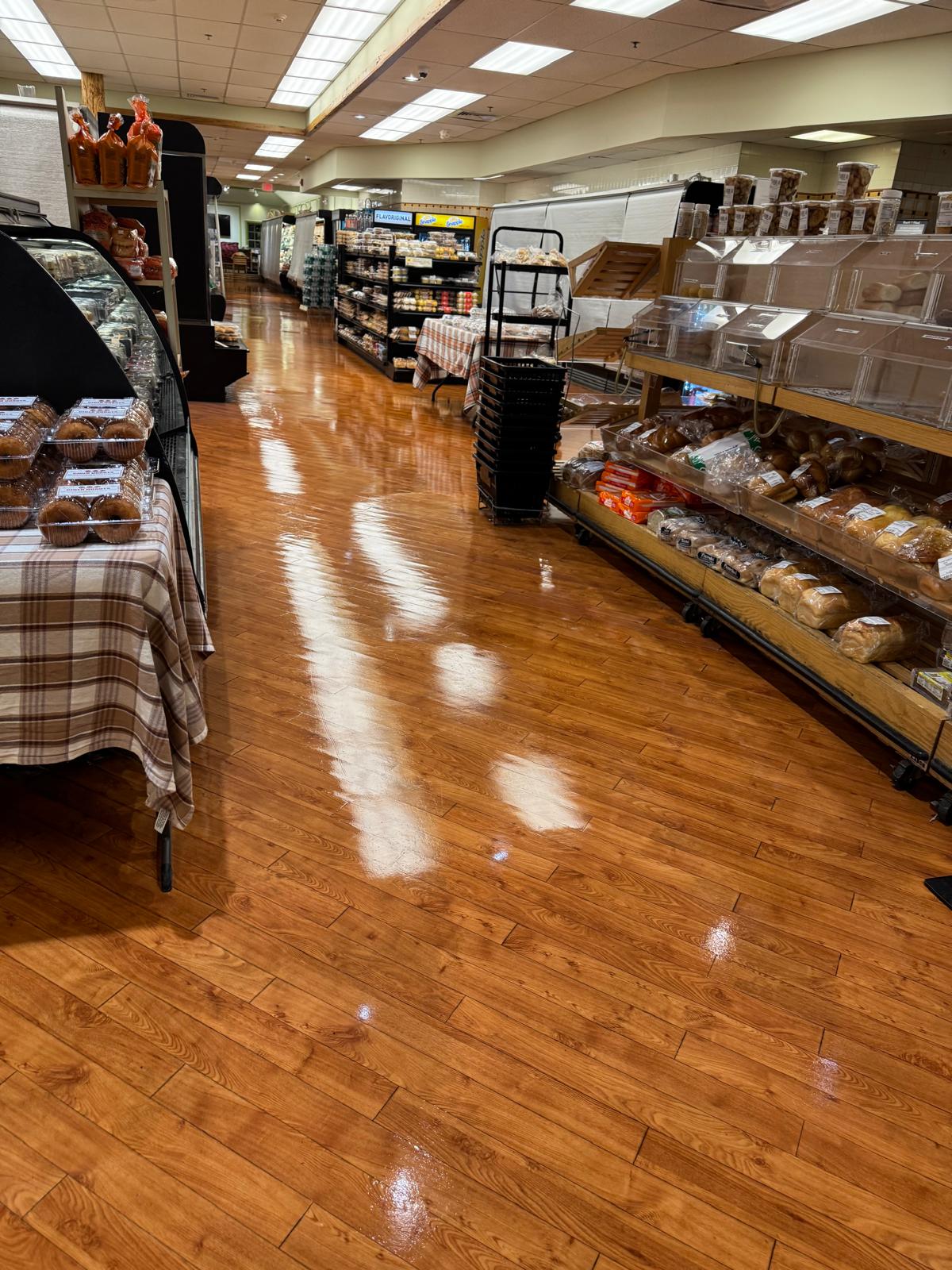 Bakery section wood floor after waxing